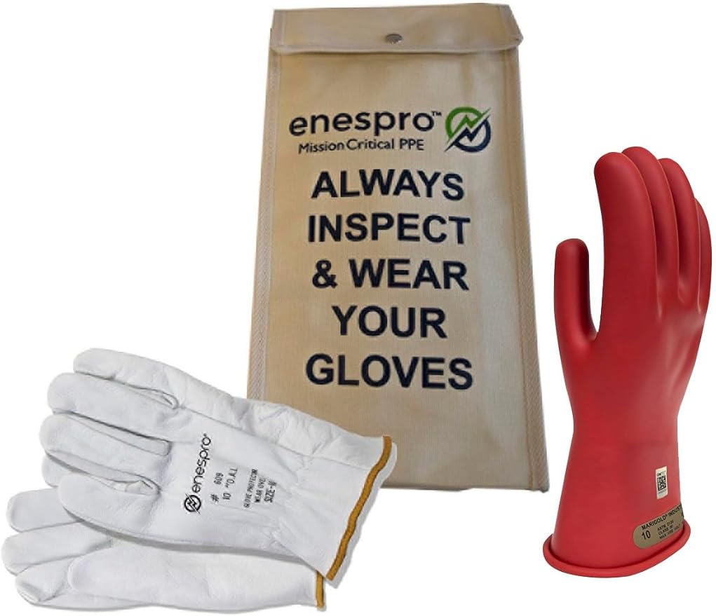 Enespro Class 00 Red Rubber Voltage Insulating Glove Kit with Leather Protectors, Max. Use Voltage 500V AC/ 750V DC (KITGC00R12)
