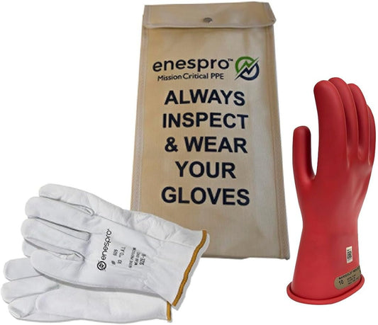 Enespro Class 00 Red Rubber Voltage Insulating Glove Kit with Leather Protectors, Max. Use Voltage 500V AC/ 750V DC (KITGC00R08)