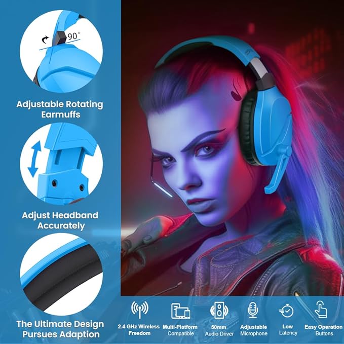 Wireless Gaming Headset with Noise Canceling Microphone for PS5, PC, PS4, 2.4G/Bluetooth Gaming Headphones with USB and Type-c Connector, Wired Mode for Controller - Blue