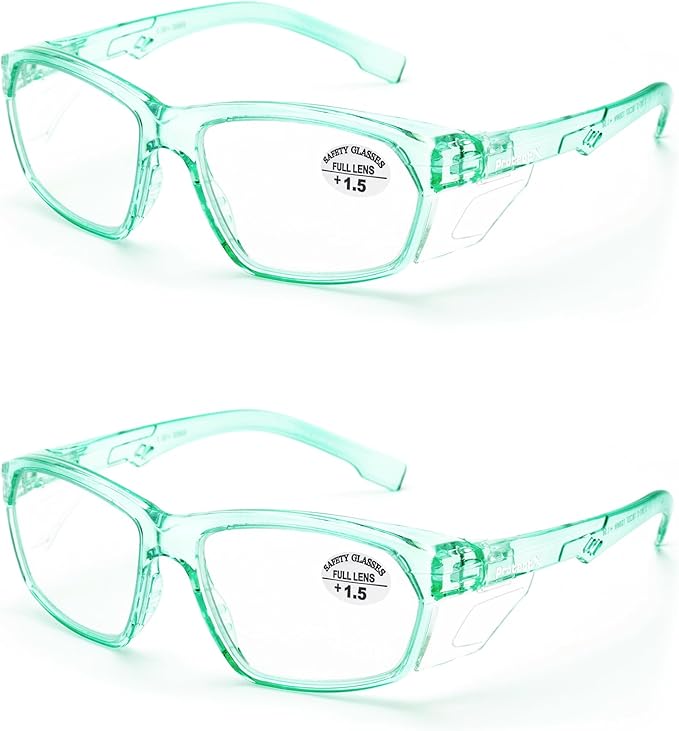 ProtectX Stylish Anti-Fog & Scratch-Resistant Safety Glasses With Readers, UV Protection Goggles, Anti-Impact Lightweight Glasses for Men＆Women Jade Reading 1.5-2 Pack