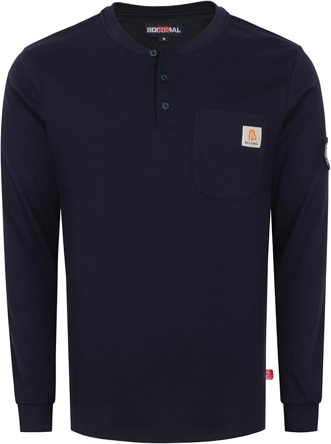BOCOMAL FR Shirts Henley 7oz Midweight Fire Resistant Clothing NFPA2112 CAT2 Men's Flame Retardant Work Shirt