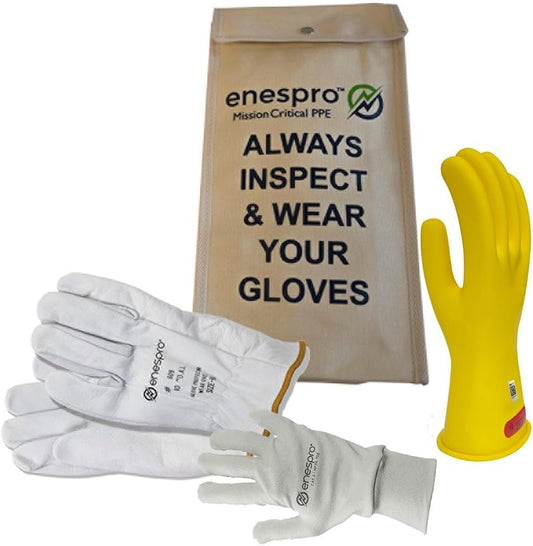 Class 0 Yellow Rubber Voltage Insulating Glove Premium Kit with FR Knit Glove and Leather Protectors