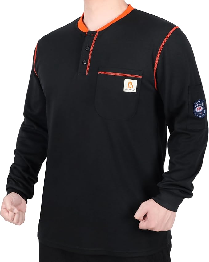 BOCOMAL FR Shirts for Men CAT2 5.5oz Long Sleeve Henley Workwear Flame Resistant Fire Retardant Shirt