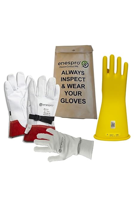 Class 2 Yellow Rubber Voltage Insulating Glove Premium Kit with FR Knit Glove and Leather Protectors, Max. Use Voltage 17,000V AC/ 25,500V DC, KITGC2Y10AG