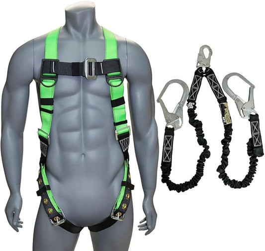 AFP Universal Full-Body Safety Harness w/Dorsal D-Ring Tongue Buckle Legs High-Viz Green, Shock Absorbing Lanyard (OSHA/ANSI)
