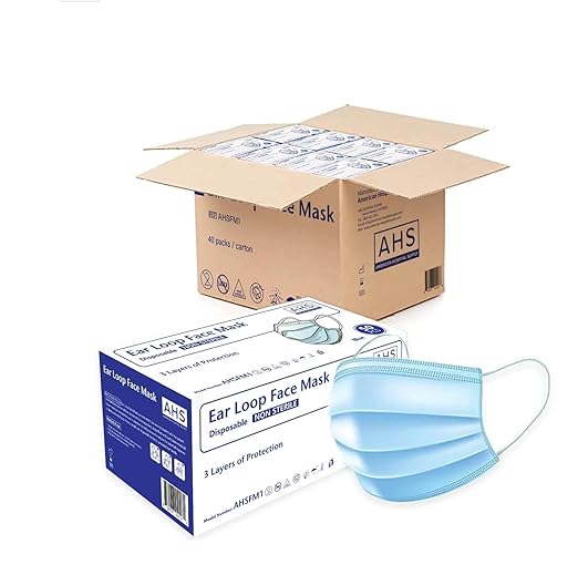 (AHS) Earloop Face Masks Disposable Blue | Adult Face Covering | 3 Ply Disposable Face Masks Bulk 2000 | 40 Boxes 50pcs/Box