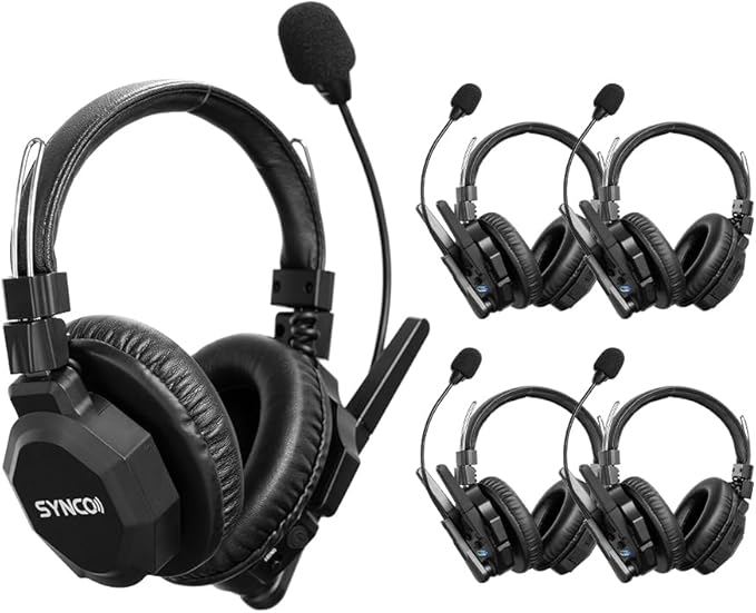 SYNCO Xtalk XMax5 Full-Duplex Wireless Intercom System with 5 Double-Ear Headsets (2.4 GHz) Random Master Device Design for Team Communication,Movie Shoot,Live Show Stage Performance (5PCS)