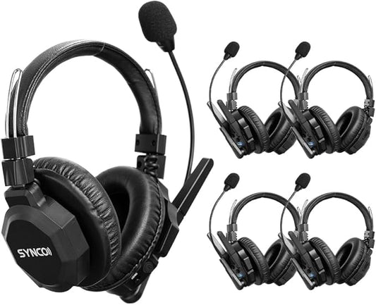 SYNCO Xtalk XMax5 Full-Duplex Wireless Intercom System with 5 Double-Ear Headsets (2.4 GHz) Random Master Device Design for Team Communication,Movie Shoot,Live Show Stage Performance (5PCS)