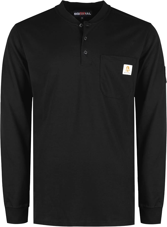 BOCOMAL FR Shirts Henley 7oz Midweight Fire Resistant Clothing NFPA2112 CAT2 Men's Flame Retardant Work Shirt