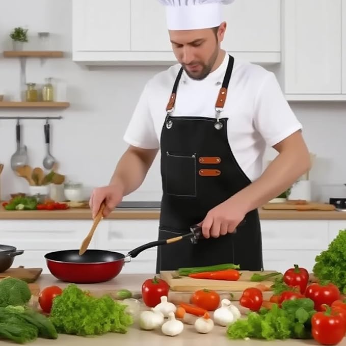 Adjustable Canvas Apron with 3 Pockets for Men Women,Cross Back Work Apron,Durable Kitchen Apron for Cooking,Grilling,Basrista,Crafting