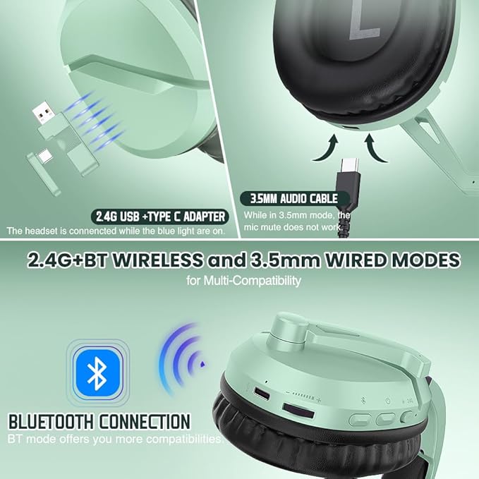 Wireless Gaming Headset with Noise Canceling Microphone for PS5, PC, PS4, 2.4G/Bluetooth Gaming Headphones with USB and Type-c Connector, Wired Mode for Controller (Green)