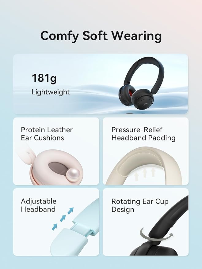1MORE HQ20 Wireless On-Ear Headphones with Microphone, 85dB Safe Volume, 65H Playtime, Lightweight Foldable Bluetooth Headphones for School/Travel, Android and iOS Compatible, Black