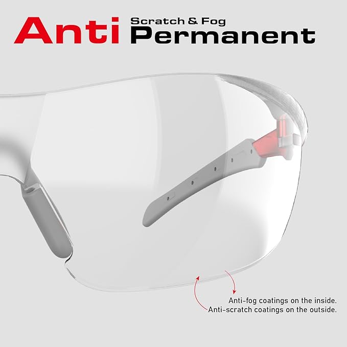 ANSI Z87.1 Safety Glasses, Anti-Fog UV Impact Scratch Resistant for Eye Protection at Work, Sports, Shooting, Pickleball, Racquetball, Clear Wraparound Lenses, No-Slip Nose Grip, 1 Pack