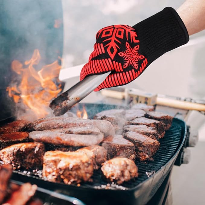 Comsmart BBQ Gloves, Heat Resistant Gloves, Silicone Non-Slip Grill Gloves, Fireproof Oven Gloves BBQ Grill Accessories for Grilling, Barbecue, Cooking, Baking, Short, Red