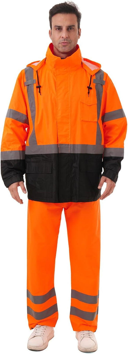 Hi Vis Safety rain Jacket，Reflective Class 3 Rain coat with Inner Mesh Lining and Pockets High Visibility Waterproof work Rain Suits for men&women（Tangerine,LG/XL）