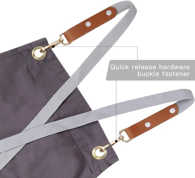Chef Apron,Cross Back Apron for Men Women with Adjustable Straps and Large Pockets,Canvas,M-XXL (Grey)