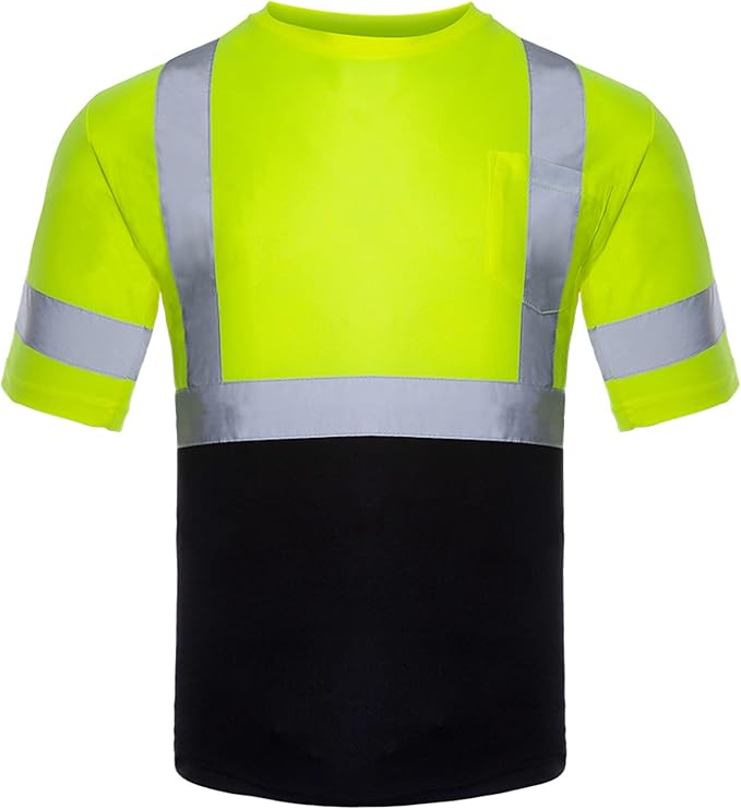 VENDACE Men's High Vis Class 3 Safety T Shirt ANSI Reflective Work Short Sleeve Shirt with Black Bottom(Yellow,L)