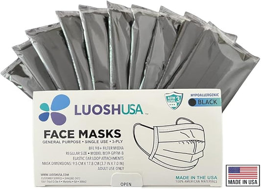Face Masks Disposable Made in USA, 3 Ply Disposable Masks 50pcs,Adult Mask, Kids Mask, Black Masks, White Masks