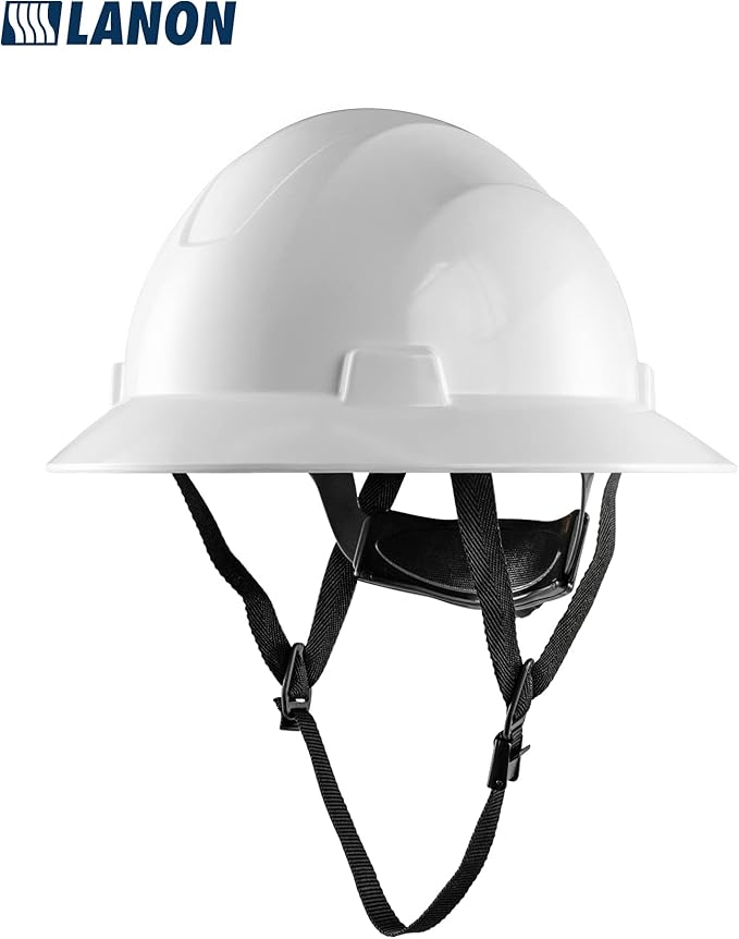 LANON White Full Brim Hard Hat, OSHA Construction Work Approved, HDPE Safety Helmet with 4 Point Adjustable Ratchet Suspension, Class E, G & C