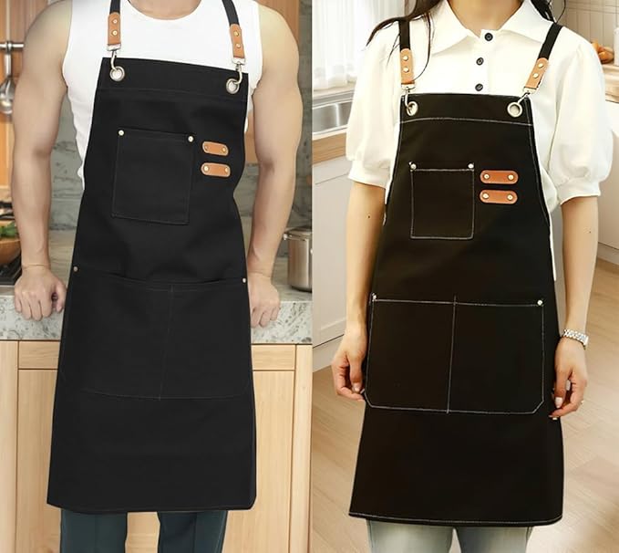 EUDOLAH Chef Aprons for Women Men with Large Pockets Cooking Aprons Canvas Cross Back Water Repellent Work Apron