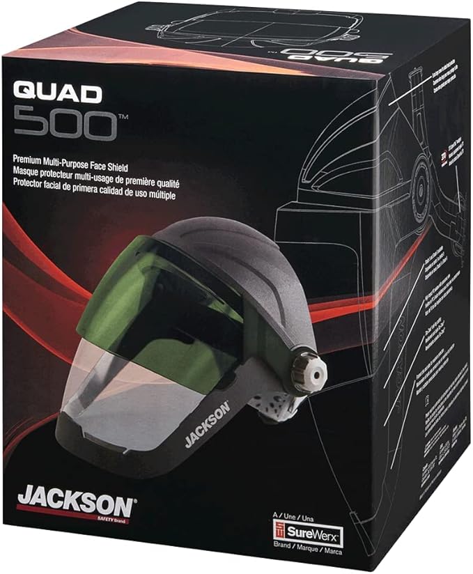 Jackson Safety QUAD 500 Face Shield - Anti-Fog Window with Chin Guard - ANSI Z87.1 & OSHA - (Multiple Styles & Headgears)