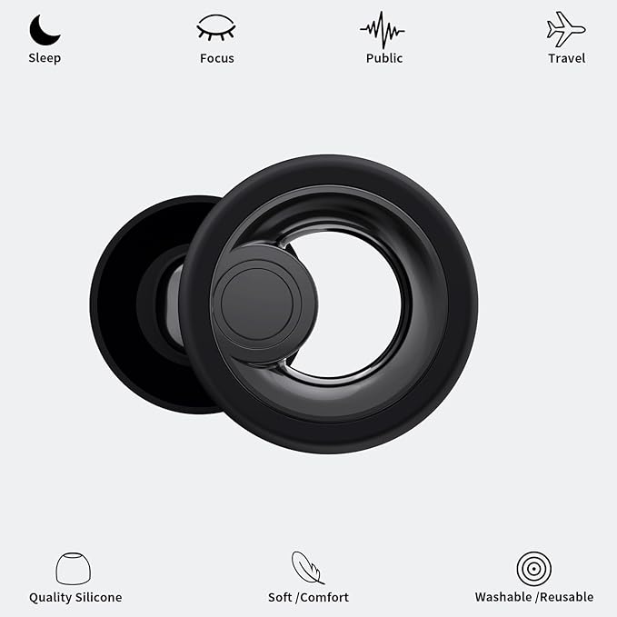 Plus Ear Plugs Noise Cancelling 2 Sets, Soft Silicone Ear Plugs for Sleeping, Noise Sensitivity, Reusable Concerts Ear Plugs Hearing Protection 30dB - 8 Pairs Ear Tips in XS/S/M/L - Black