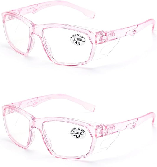 ProtectX Stylish Anti-Fog & Scratch-Resistant Safety Glasses With Readers, UV Protection Goggles, Anti-Impact Lightweight Glasses for Men＆Women Pink Reading 1.5-2 Pack
