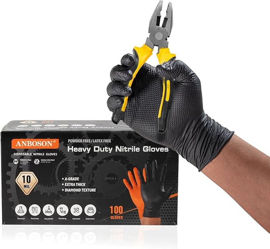 10 Mil Nitrile Disposable Gloves Heavy Duty Mechanic Gloves Raised Diamond Texture Thick (Black of 100, X-Large)
