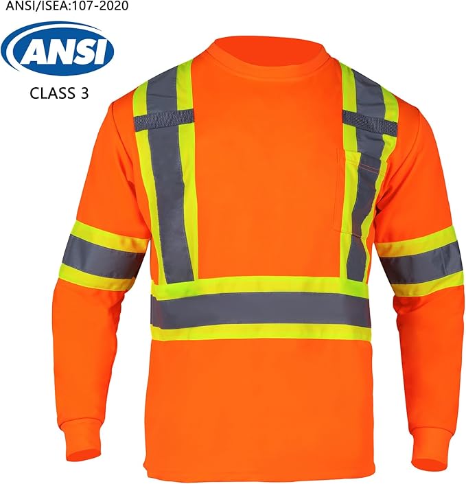 VENDACE Men's High Vis Safety Work T Shirt ANSI Class 3 Reflective Long Sleeve Shirt with Pocket(Orange,2XL)