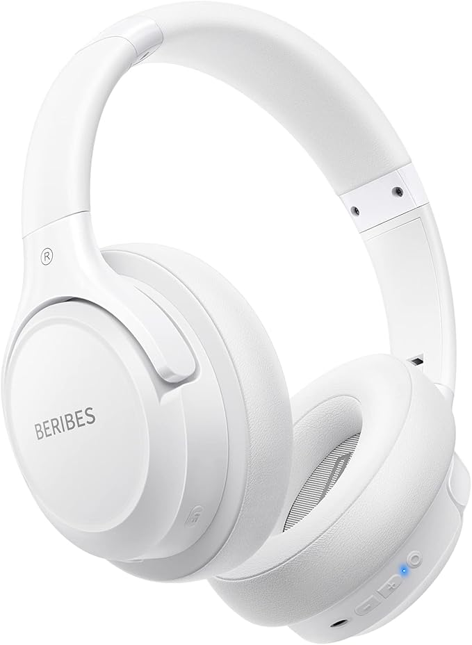 BERIBES Bluetooth Headphones Over Ear, 65H Playtime and 6 EQ Music Modes Wireless Heaphones with Microphone, HiFi Stereo Foldable Lightweight Headset (White)