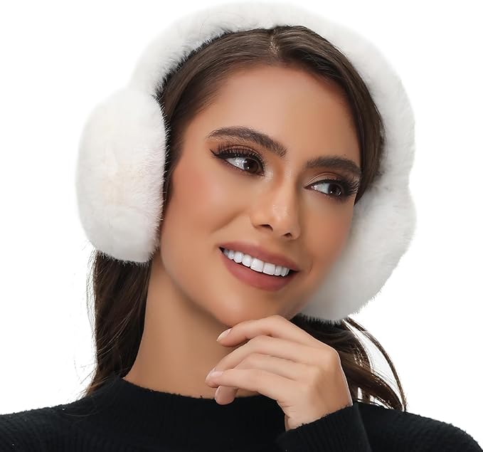 Winter Ear Muffs for Women Girls Faux Fur Cute White Earmuffs Fluffy Ear Warmers Foldable Ear Covers Outdoor