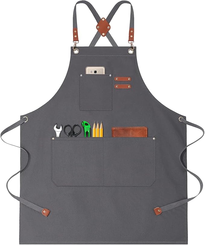 Chef Aprons for Women Men with Large Pockets, Polyester cotton hick canvas Waterproof Work Aprons,Adjustable Straps