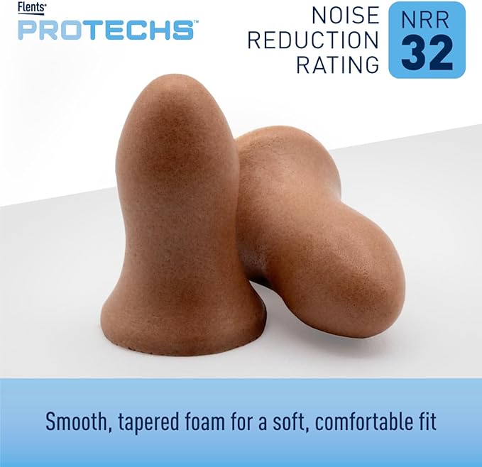 Flents Protechs Foam Ear Plugs, Contoured for Comfort, Ideal for Work with Loud Noise, Heavy Machinery, Construction, Studying & Traveling, NRR 32, Beige, Easy to Use, Made in The USA, 100 Pair