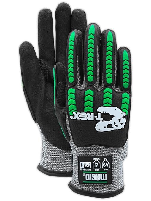MAGID T-REX Flex Series ANSI Cut Level A9 Knit Impact Glove, 24 Pairs, NitriX Palm, Size 6/XS, Black & Green, TRX795