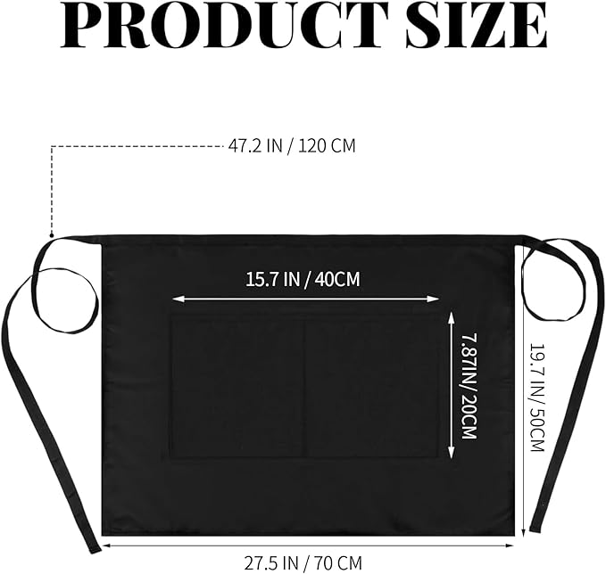 Long Server Apron with 2 Pockets, Extra Long Tie, Lightweight Half Aprons for Men Women Waiter Waitress Chef