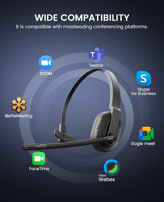 EKSA H5SE Bluetooth Headset, Wireless Headset with Microphone ENC Noise Cancellation [45hrs Playtime & 33ft Range], Wireless Business Headphones for Office/HomeOffice/Remote Work/Call Center