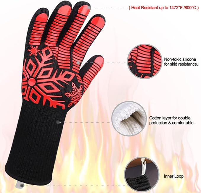 Comsmart BBQ Gloves, Heat Resistant Gloves, Silicone Non-Slip Grill Gloves, Fireproof Oven Gloves BBQ Grill Accessories for Grilling, Barbecue, Cooking, Baking, Red