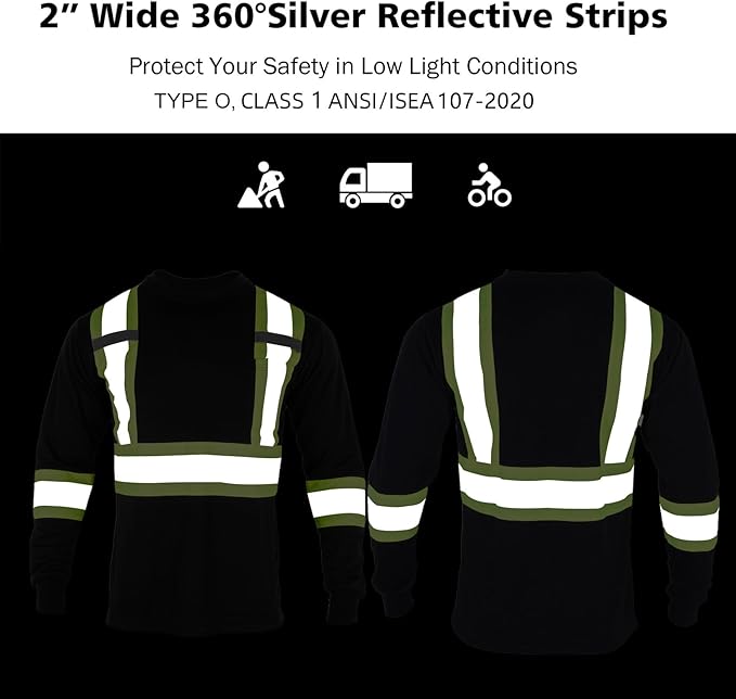 VENDACE Men's High Vis Safety Work T Shirt ANSI Class 2 Reflective Long Sleeve Shirt with Pocket(Black,2XL)