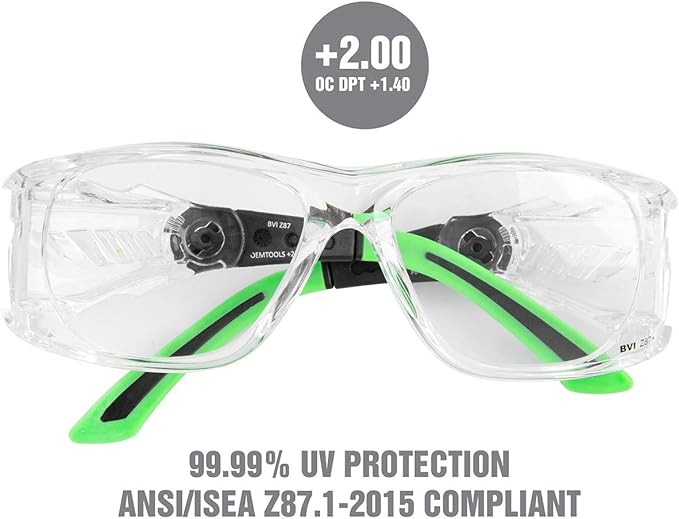 OEMTOOLS 26024 Safety Glasses with Readers +2.00s, UV Protection Z87 Safety Glasses, Anti-Scratch, High Definition Multi-focal Technology, High Impact Lenses, Flexible Rubber Earpieces