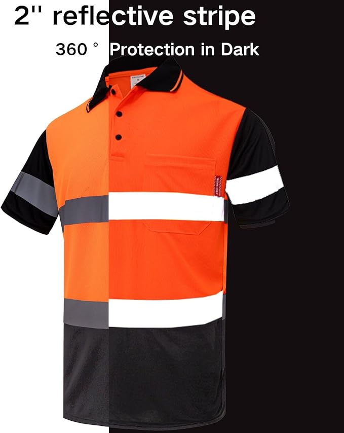 WORK IDEA Polo Shirt for Men High Visibility Reflective Work Shirt with Pockets for Construction