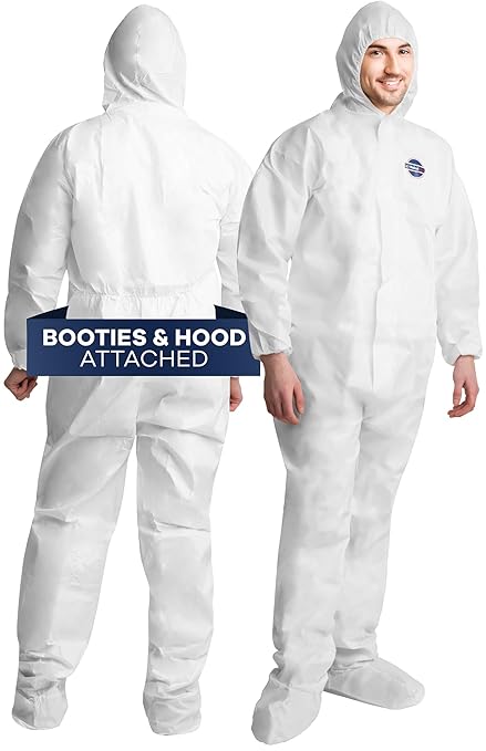 Hazmat Suits Disposable | 25 Pack, 2X-Large | Protective Coveralls with Attached Hood and Boots | Heavy Duty Full Body Painters Suit for Adults - Breathable & Water Resistant | 2XL
