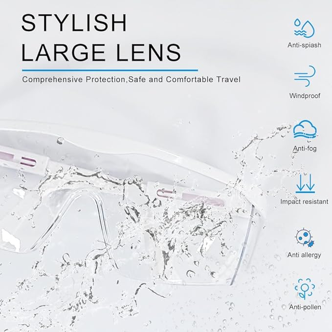 mozeeda Safety Glasses Safety Goggles for Men Women, Clear Safety Glasses Over Eyeglasses, Z87 UV 400 Anti-fog Adjustable Temples Protection Goggles for Nurse,Eyewear Anti-Scratch with Temple for Lab