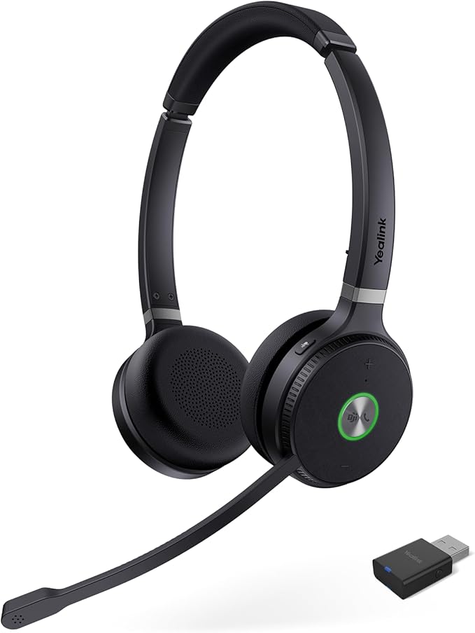 Yealink WH62 Portable Wireless Headset with DECT Dongle, 393 ft,Teams, Zoom Skype Certified, Office Work Headphones with 2X Noise Cancelling Mic, 13H Call Time, (Computer, Desk Phone)