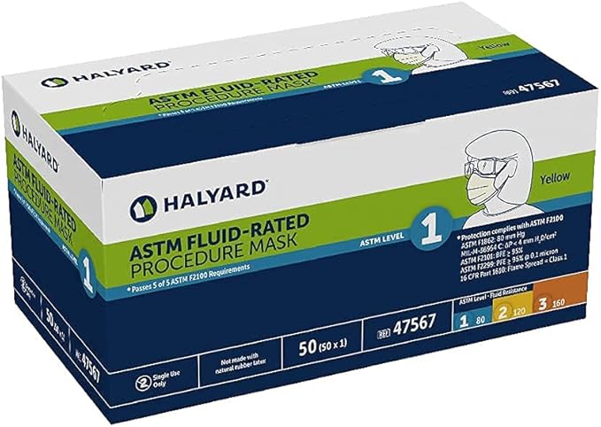 HALYARD Level 1 Disposable Procedure Mask, Earloops, Yellow, 47567