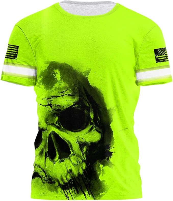Matedecor Skull High Visibility Shirt Men Reflective Safety Shirts US Flag Custom Name Workwear, Runners, Walkers, Patriotic