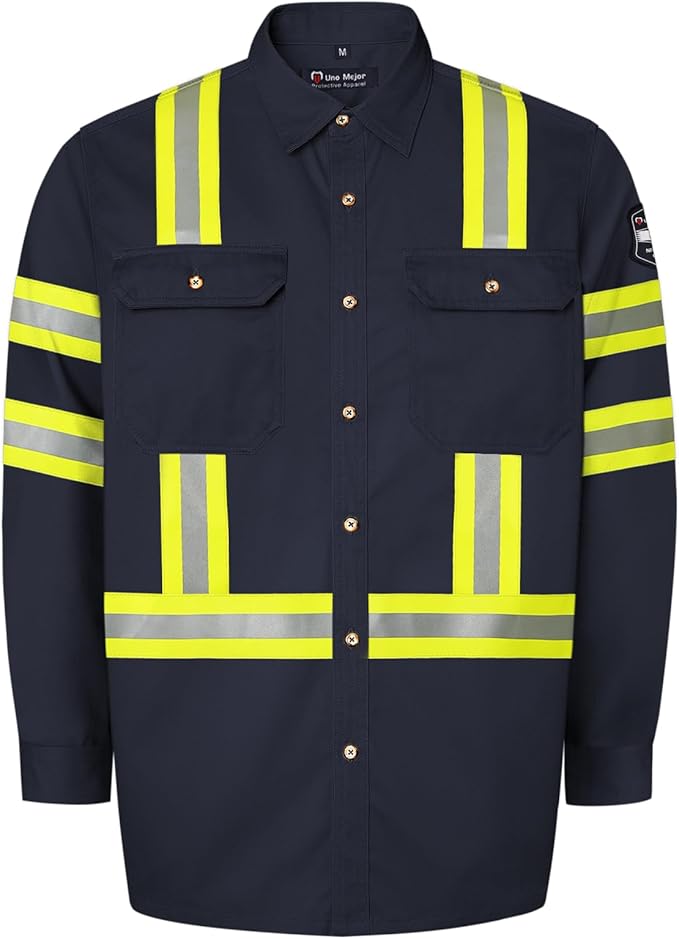 Welding Jacket 7.5oz FR Shirts for Men, High Vis Flame Resistant Mens FR Shirts with Reinforced Sewing, Durable Men's Fire Retardant Welding Shirts for Men, Meets NFPA2112, Navy-ZRWD S