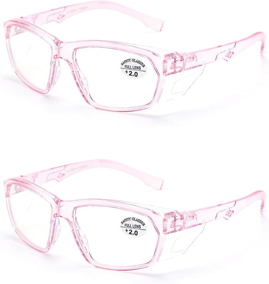 ProtectX Stylish Anti-Fog & Scratch-Resistant Safety Glasses With Readers, UV Protection Goggles, Anti-Impact Lightweight Glasses for Men＆Women Pink Reading 2.0-2 Pack
