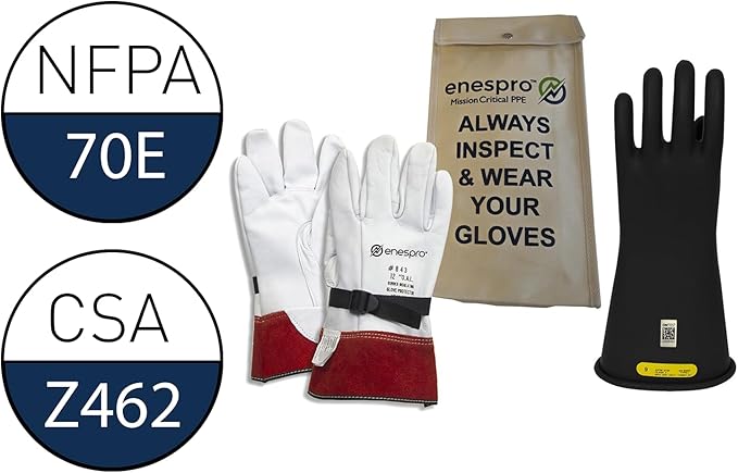 Enespro Class 2 Black Rubber Voltage Insulating Glove Kit with Leather Protectors, Max. Use Voltage 17,000V AC/ 25,500V DC (KITGC2B08)