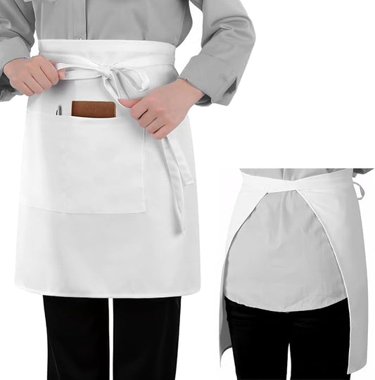 Long Server Apron with 2 Pockets, Extra Long Tie, Lightweight Half Aprons for Men Women Waiter Waitress Chef