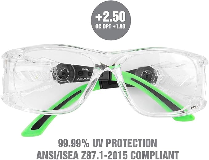 OEMTOOLS 26025 Safety Glasses with Readers +2.50s, UV Protection Z87 Safety Glasses, Anti-Scratch, High Definition Multi-focal Technology, High Impact Lenses, Flexible Rubber Earpieces